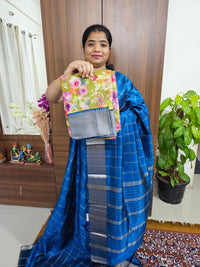 Handwoven Mangalagiri Pattu Saree Big Checks with Mix and Match Pure Tussar Blouse - Peacock Blue
