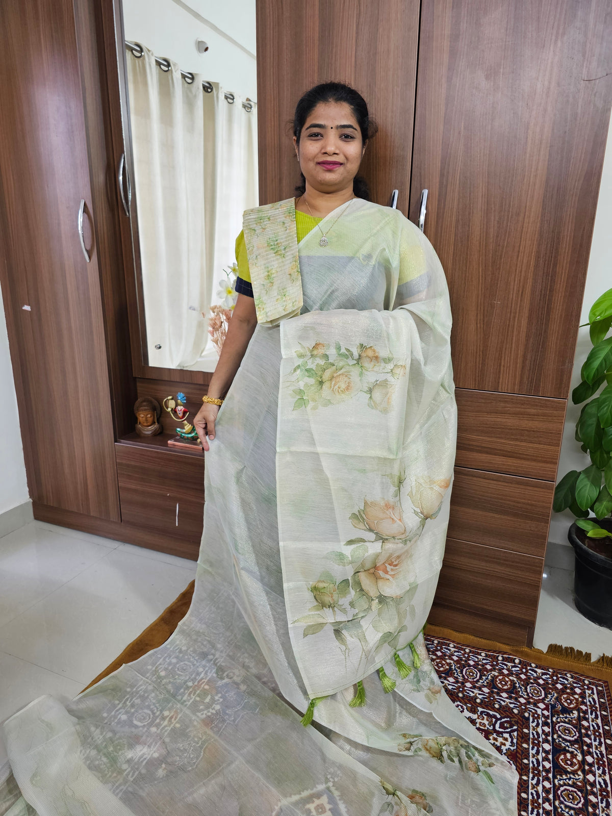 Tissue Saree - Lime Green