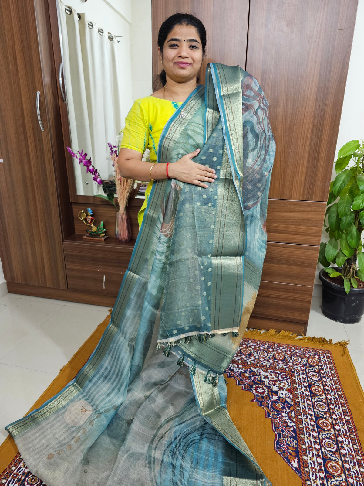Tissue Linen Saree - Sea Green