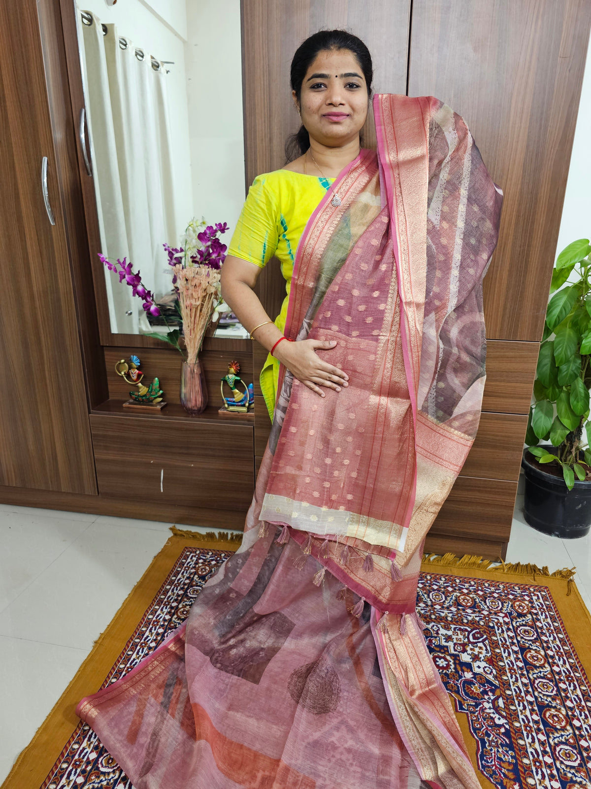 Tissue Linen Saree -  Pink