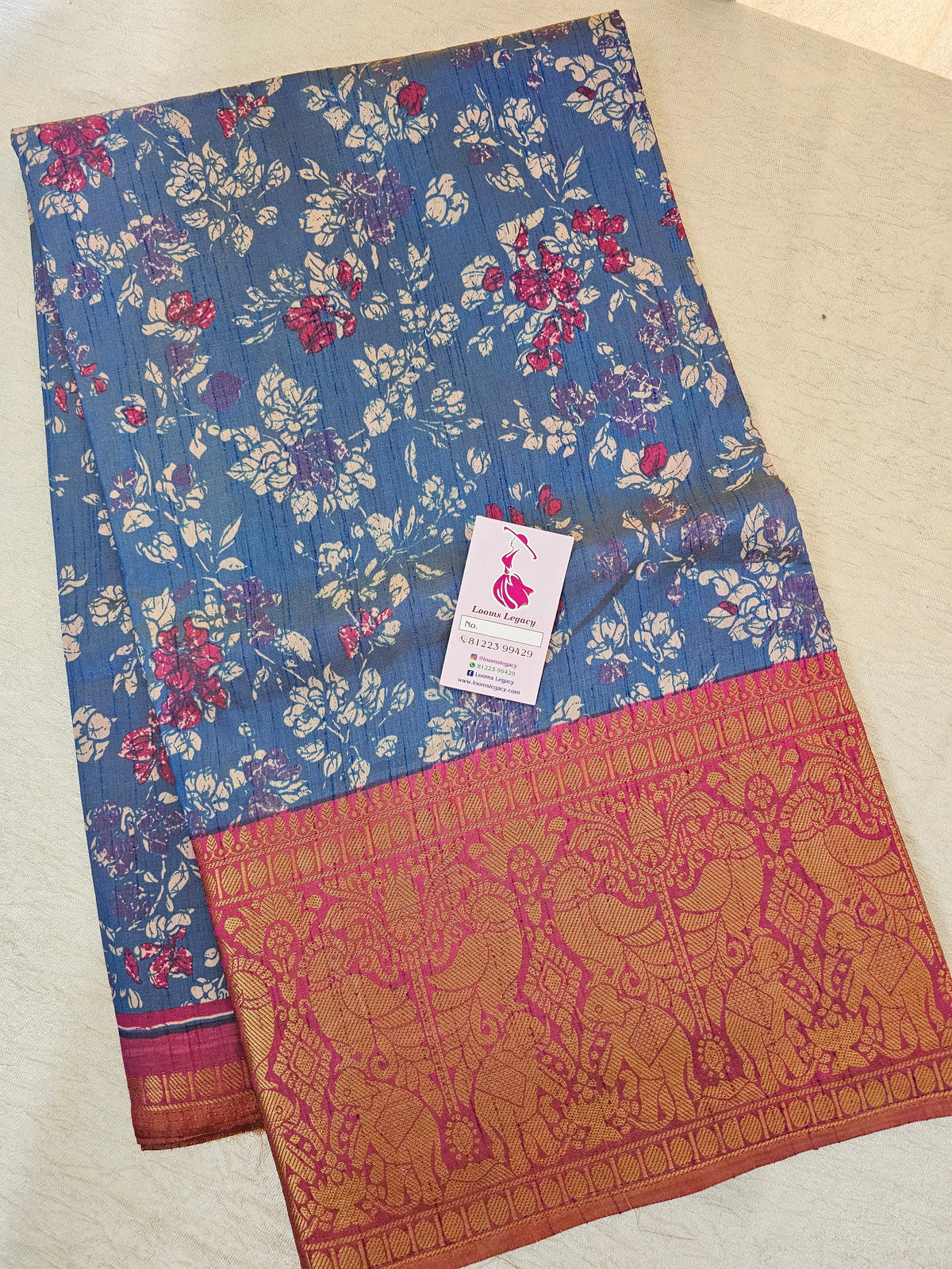 Soft Patola Sarees Kanjivaram Pattern Long Border- Blue with Pink