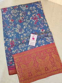 Soft Patola Sarees Kanjivaram Pattern Long Border- Blue with Pink