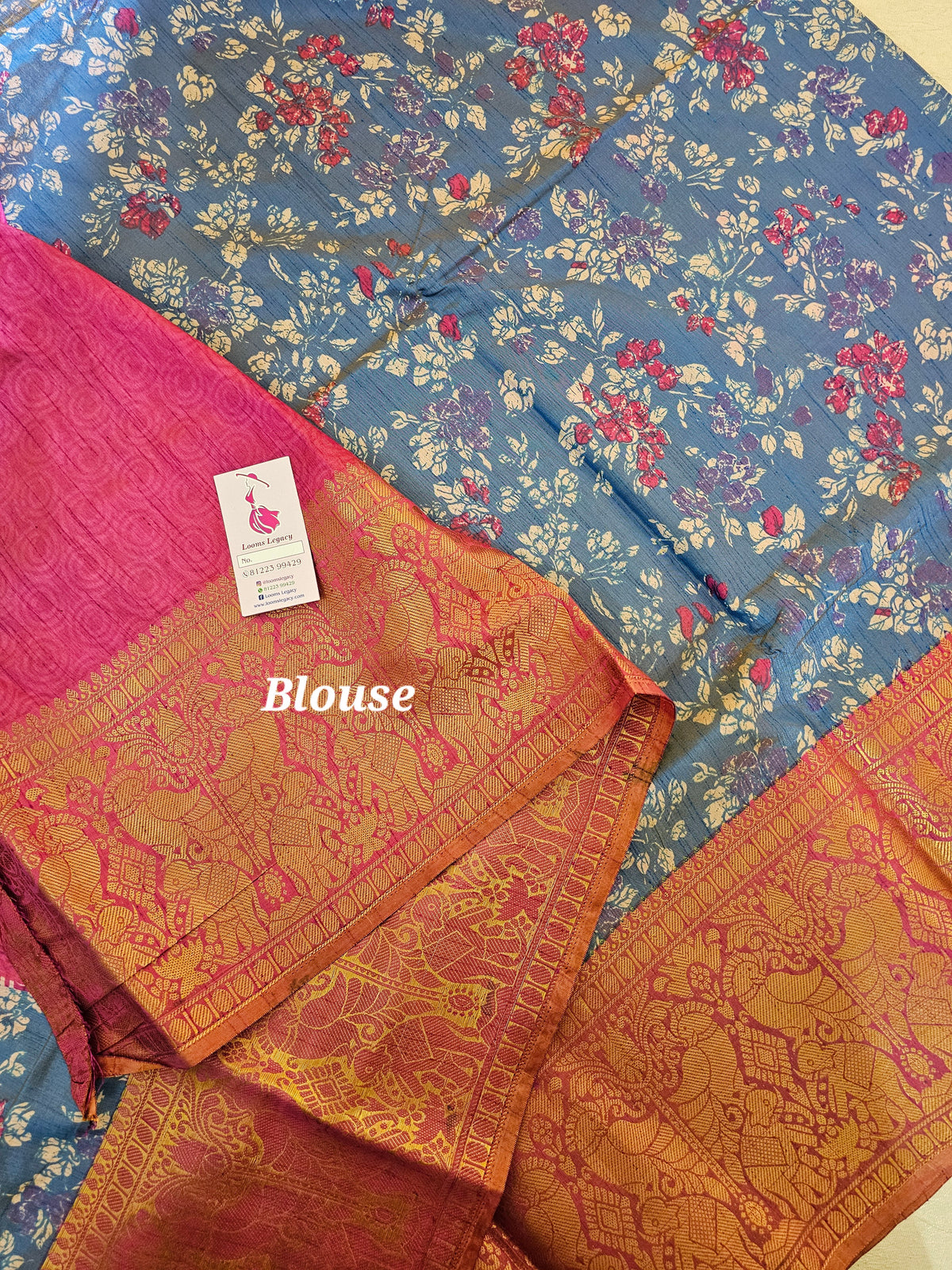 Soft Patola Sarees Kanjivaram Pattern Long Border- Blue with Pink