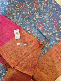 Soft Patola Sarees Kanjivaram Pattern Long Border- Blue with Pink