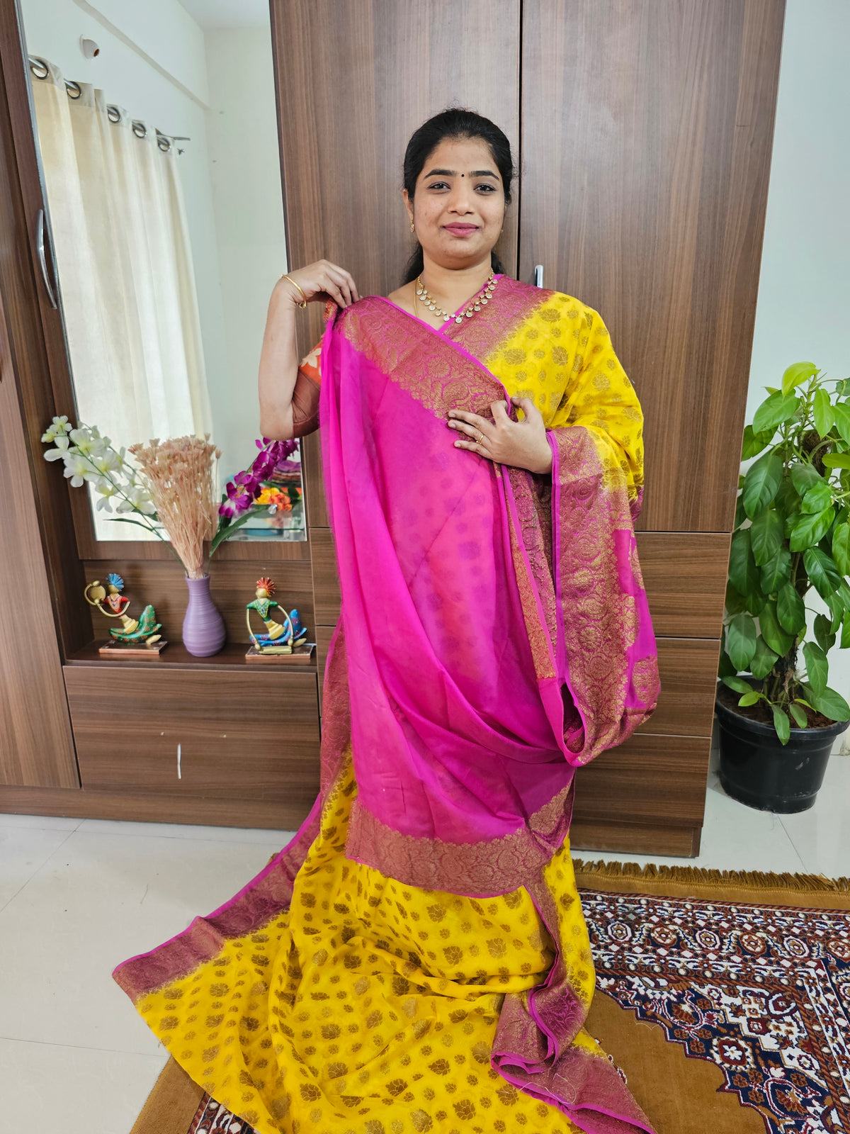 Semi Banarasi Silk Saree - Yellow with Pink