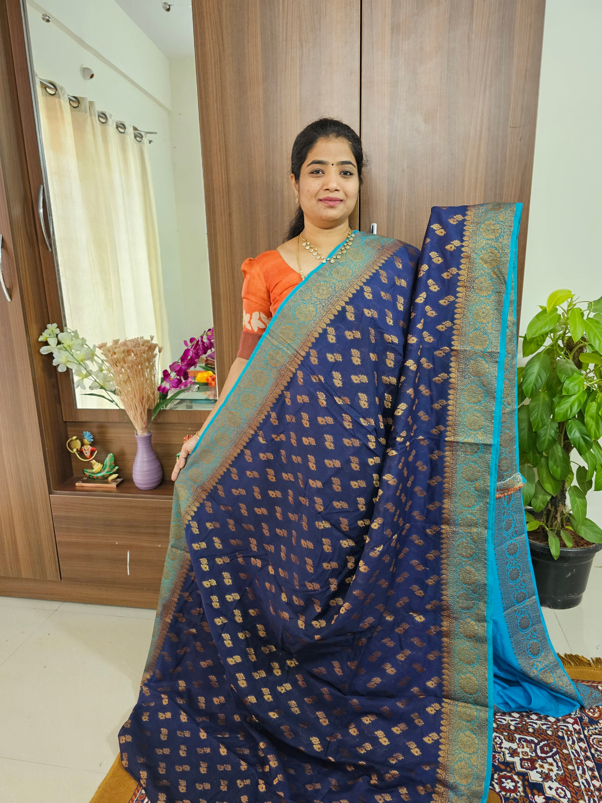 Semi Banarasi Silk Saree - Navy Blue with Sky Blue