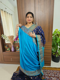Semi Banarasi Silk Saree - Navy Blue with Sky Blue