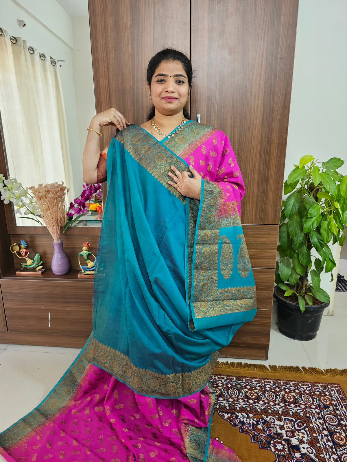 Semi Banarasi Silk Saree - Pink with Blue