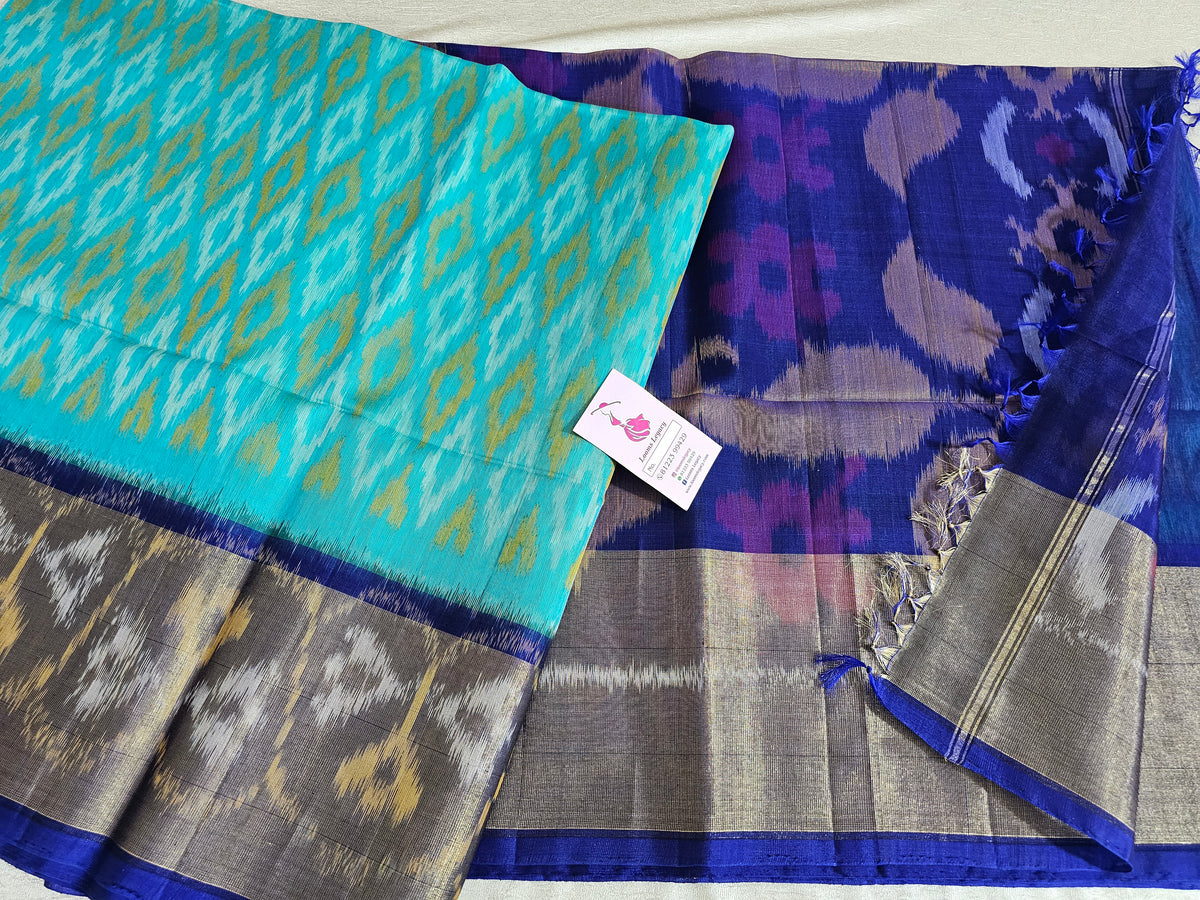 Sky Blue with Violet Pochampally Ikkat Silk Cotton (SICO Pattu)