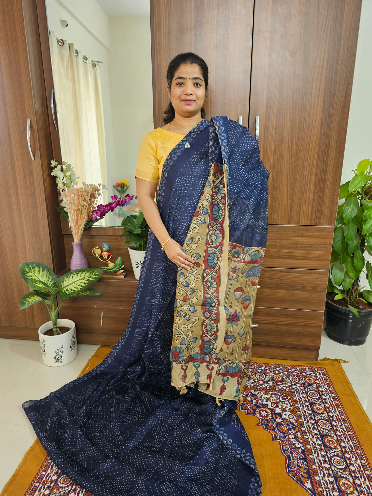 Linen Cotton with Kalamkari Pallu - Navy Blue