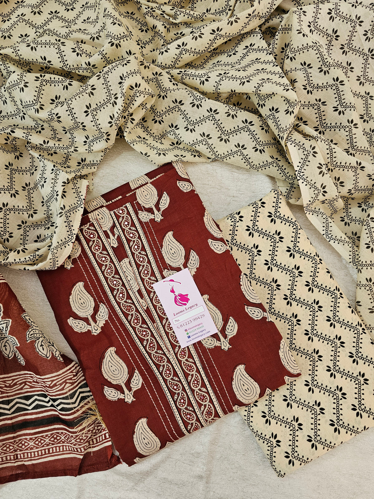 Soft Cotton  Unstitched Salwar Suit - Cream with Maroon