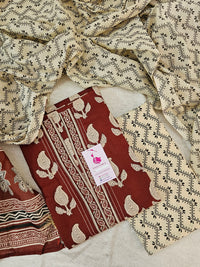Soft Cotton  Unstitched Salwar Suit - Cream with Maroon