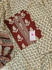 Soft Cotton  Unstitched Salwar Suit - Cream with Maroon