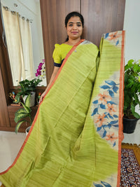 Semi Tussar with Striped Zari Weaving Saree -Green with Brown