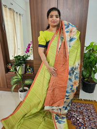Semi Tussar with Striped Zari Weaving Saree -Green with Brown