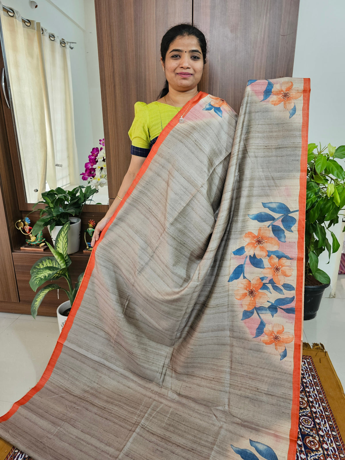 Semi Tussar with Striped Zari Weaving Saree - Grey with Orange