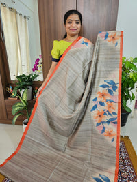Semi Tussar with Striped Zari Weaving Saree - Grey with Orange