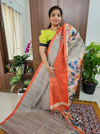 Semi Tussar with Striped Zari Weaving Saree - Grey with Orange