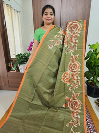 Semi Tussar with Striped Zari Weaving Saree - Green with Orange