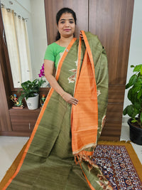 Semi Tussar with Striped Zari Weaving Saree - Green with Orange