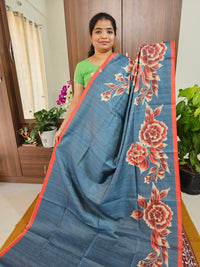 Semi Tussar with Striped Zari Weaving Saree - Grey with Dark Orange