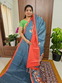 Semi Tussar with Striped Zari Weaving Saree - Grey with Dark Orange