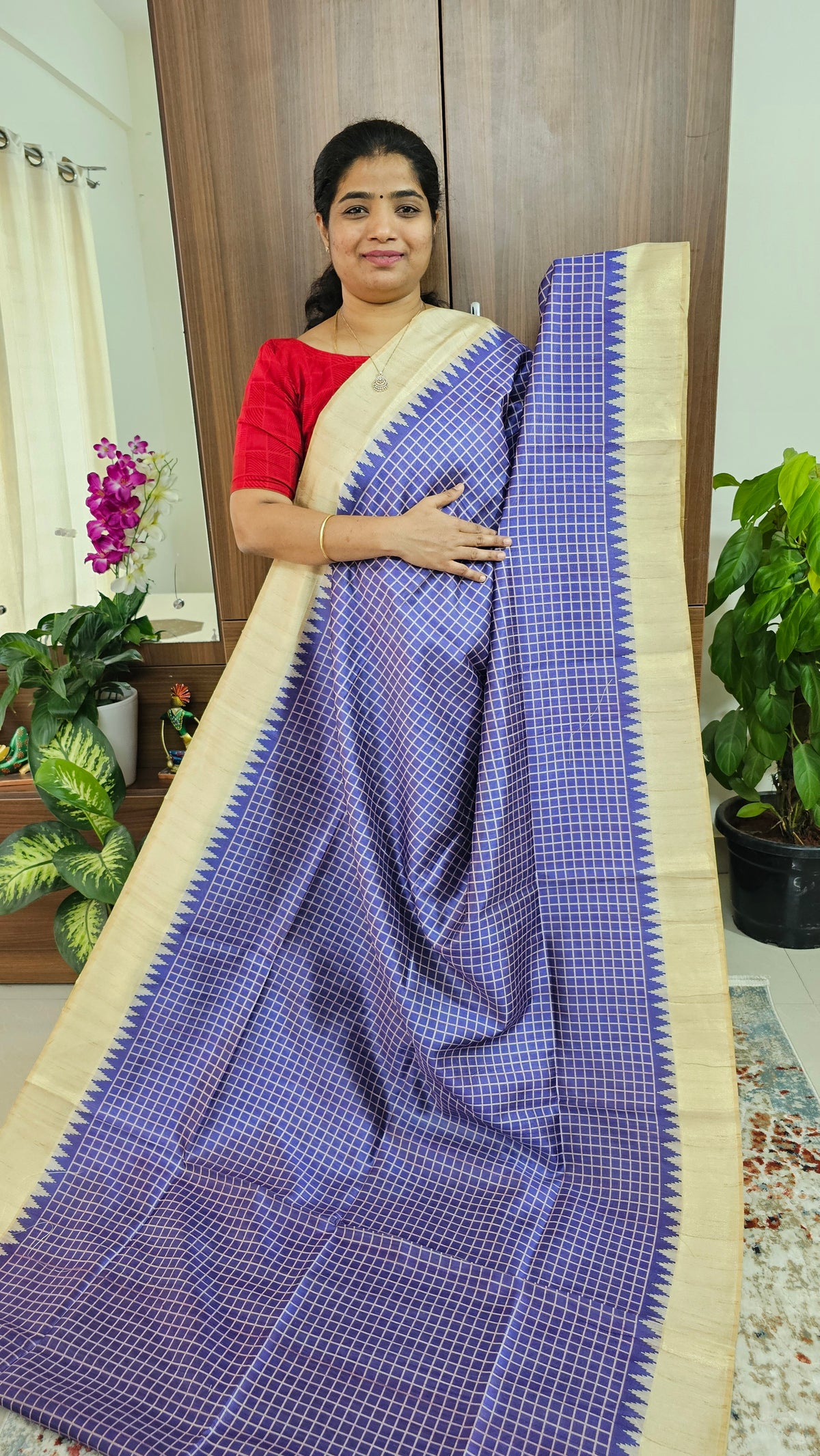 Semi Tussar Digital Prints with Contrast Border - Violet  with Cream