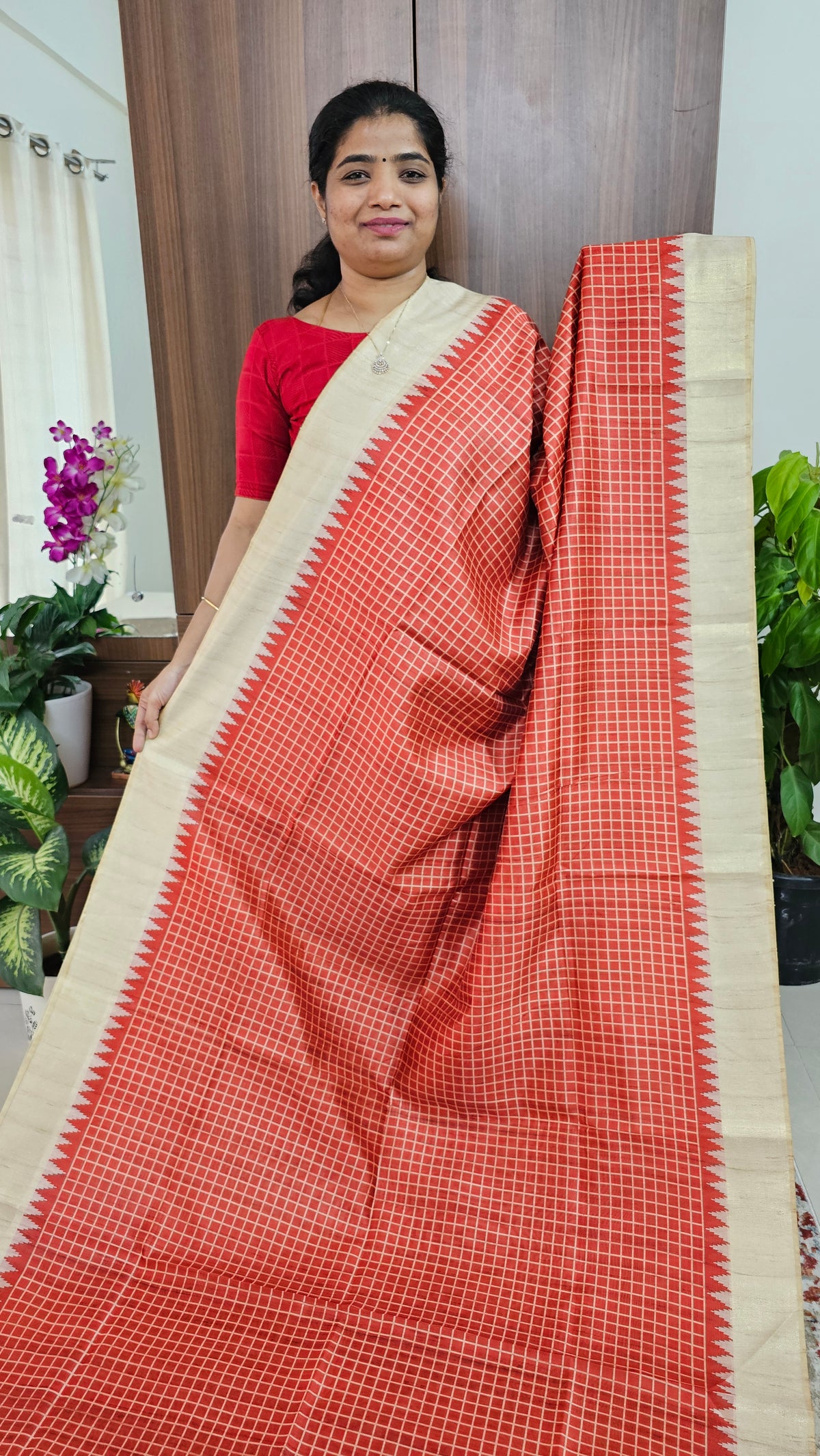 Semi Tussar Digital Prints with Contrast Border - Red with Cream