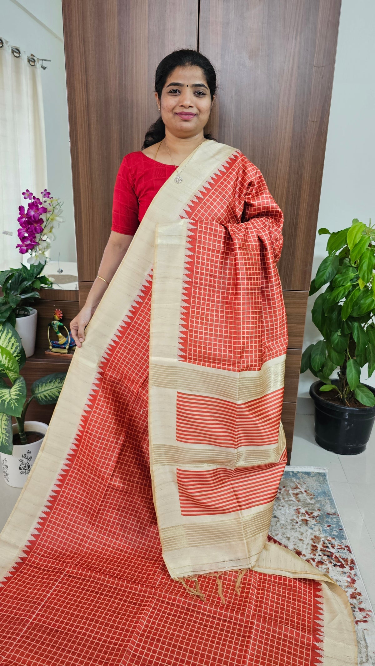 Semi Tussar Digital Prints with Contrast Border - Red with Cream