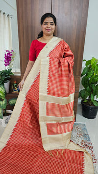 Semi Tussar Digital Prints with Contrast Border - Red with Cream