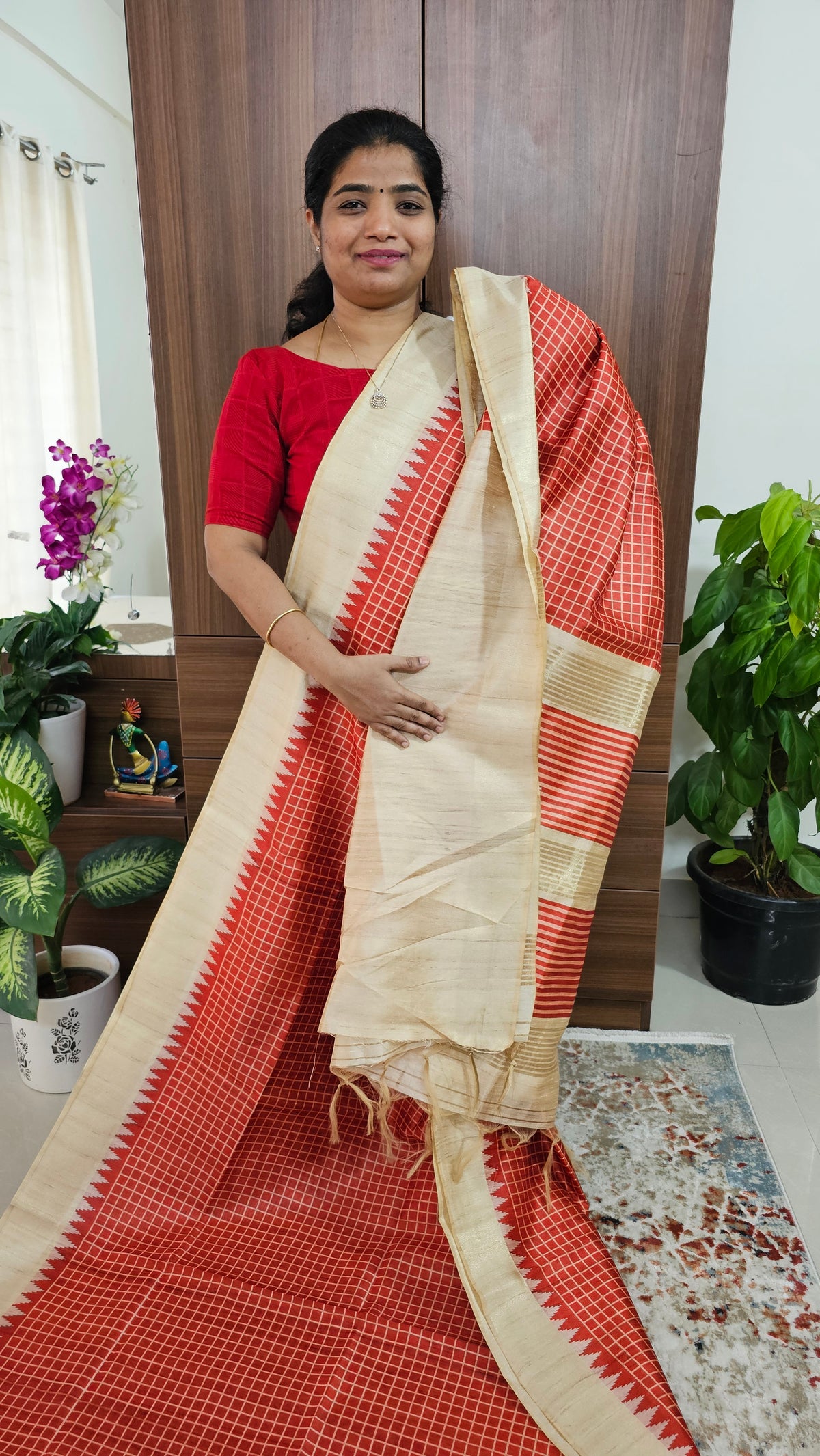 Semi Tussar Digital Prints with Contrast Border - Red with Cream