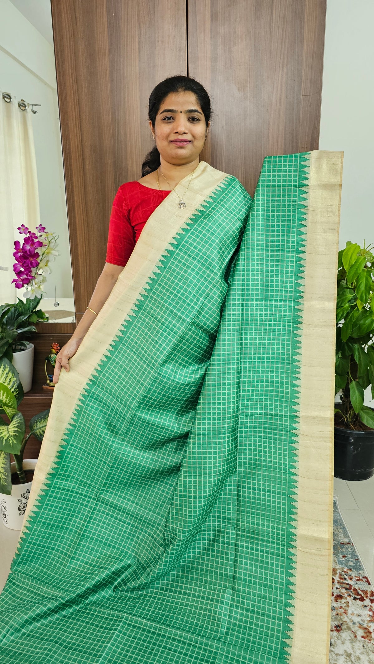 Semi Tussar Digital Prints with Contrast Border - Sea Green with Cream