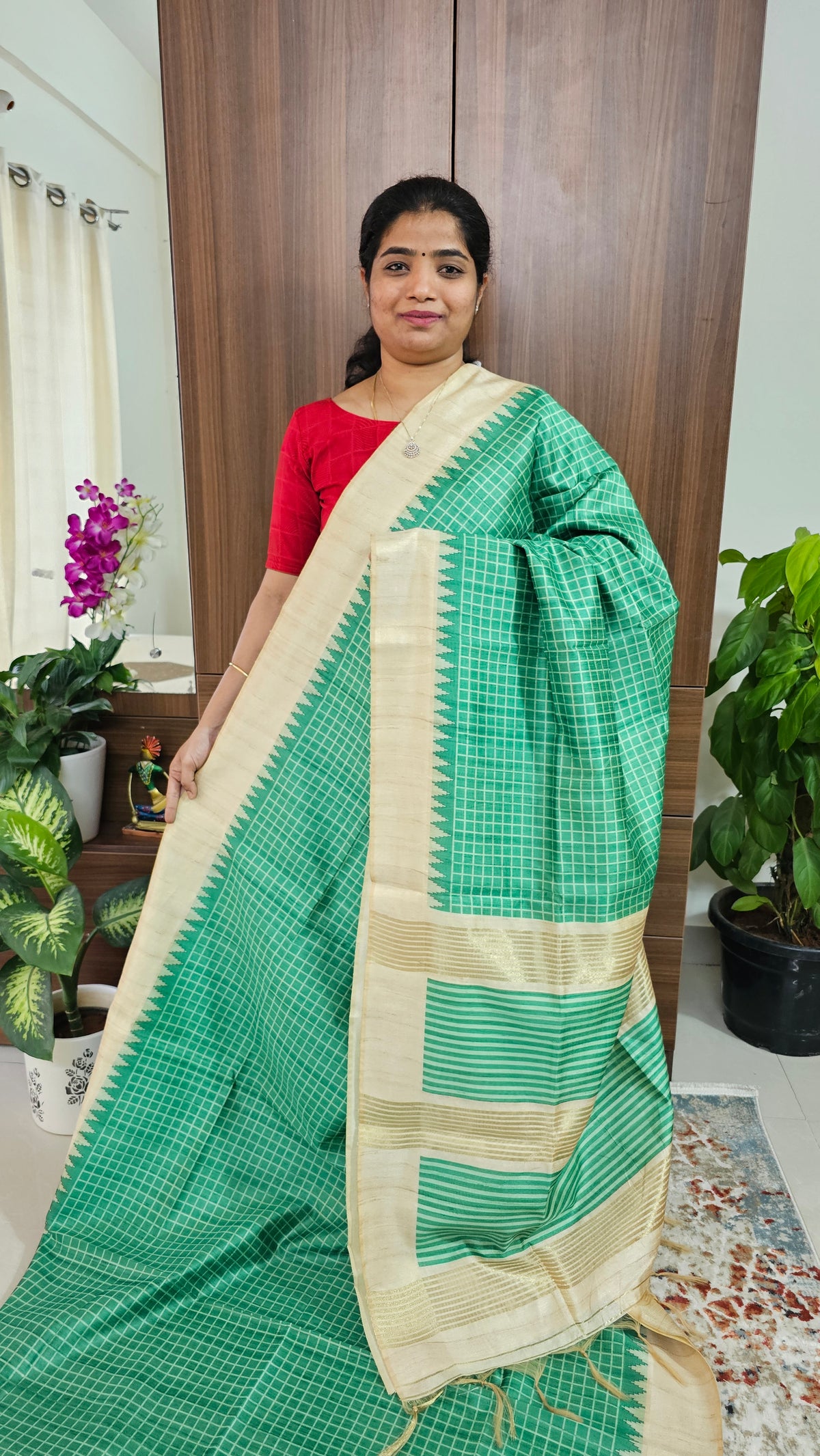 Semi Tussar Digital Prints with Contrast Border - Sea Green with Cream