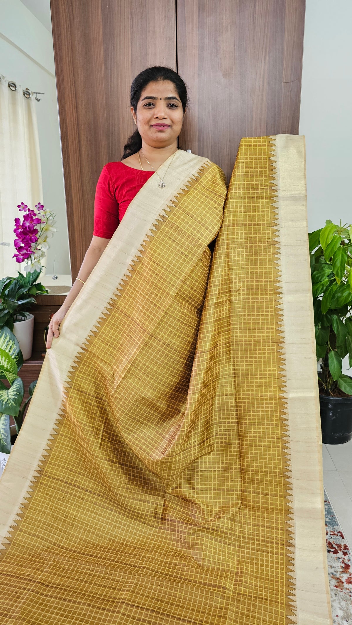 Semi Tussar Digital Prints with Contrast Border - Mustard Yellow with Cream