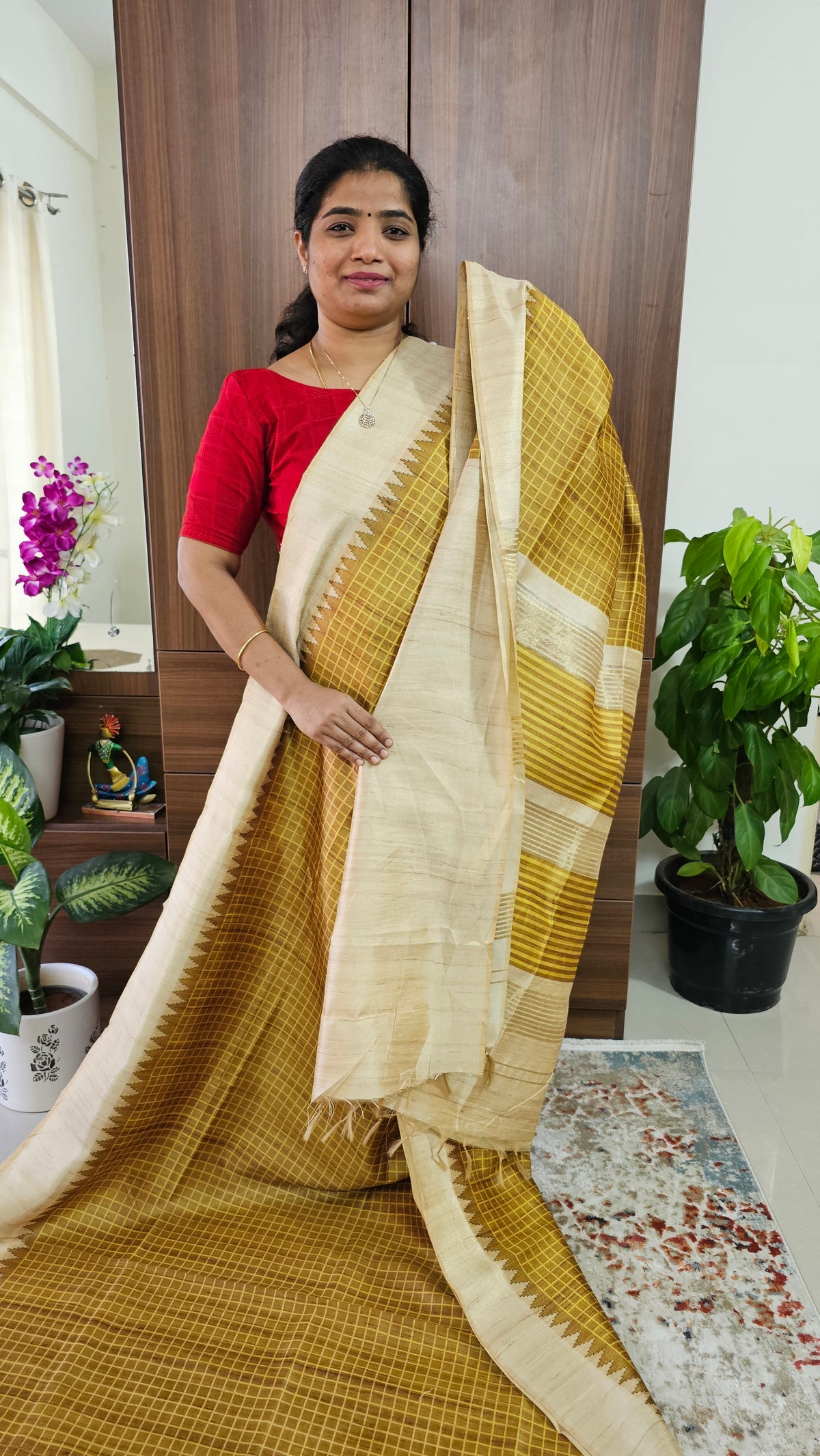 Semi Tussar Digital Prints with Contrast Border - Mustard Yellow with Cream