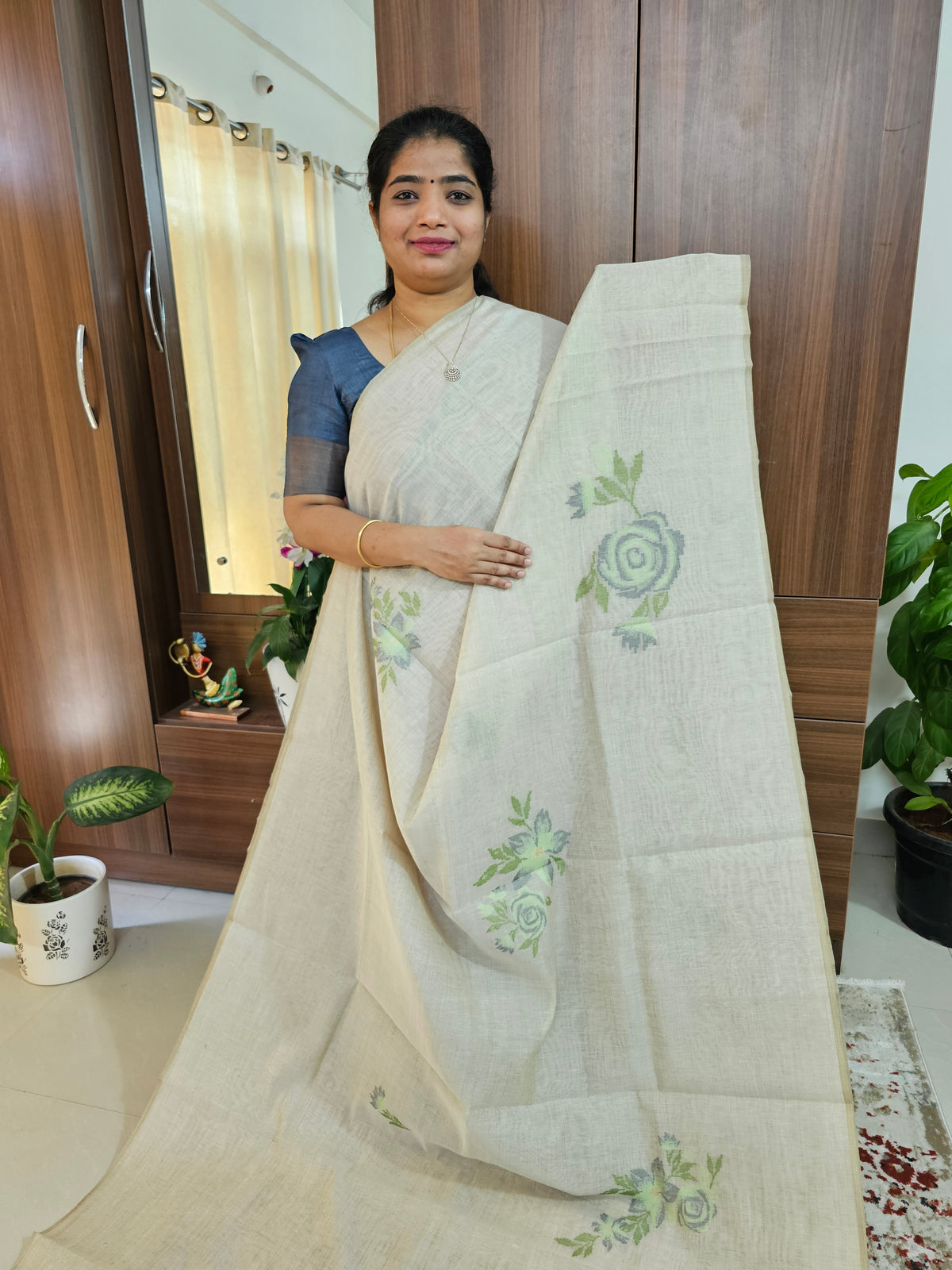 Soft Cotton with Weaving Floral Pattern  - Tussar with Green