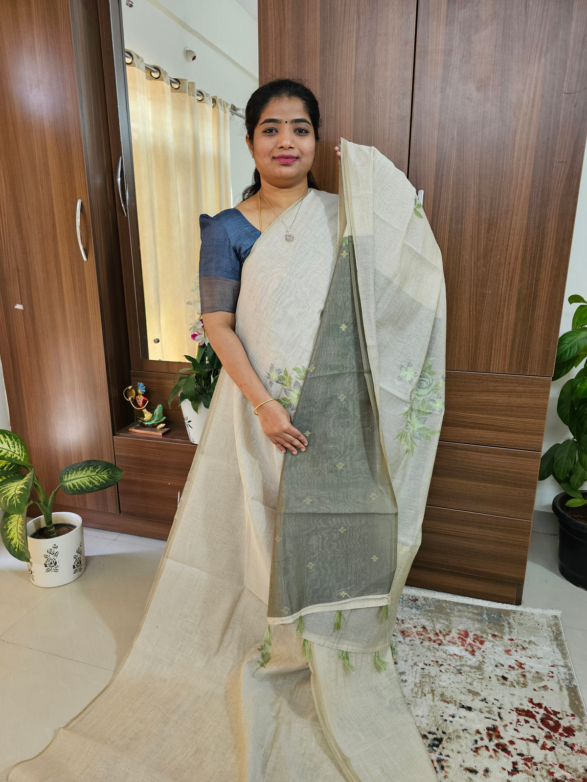 Soft Cotton with Weaving Floral Pattern  - Tussar with Green