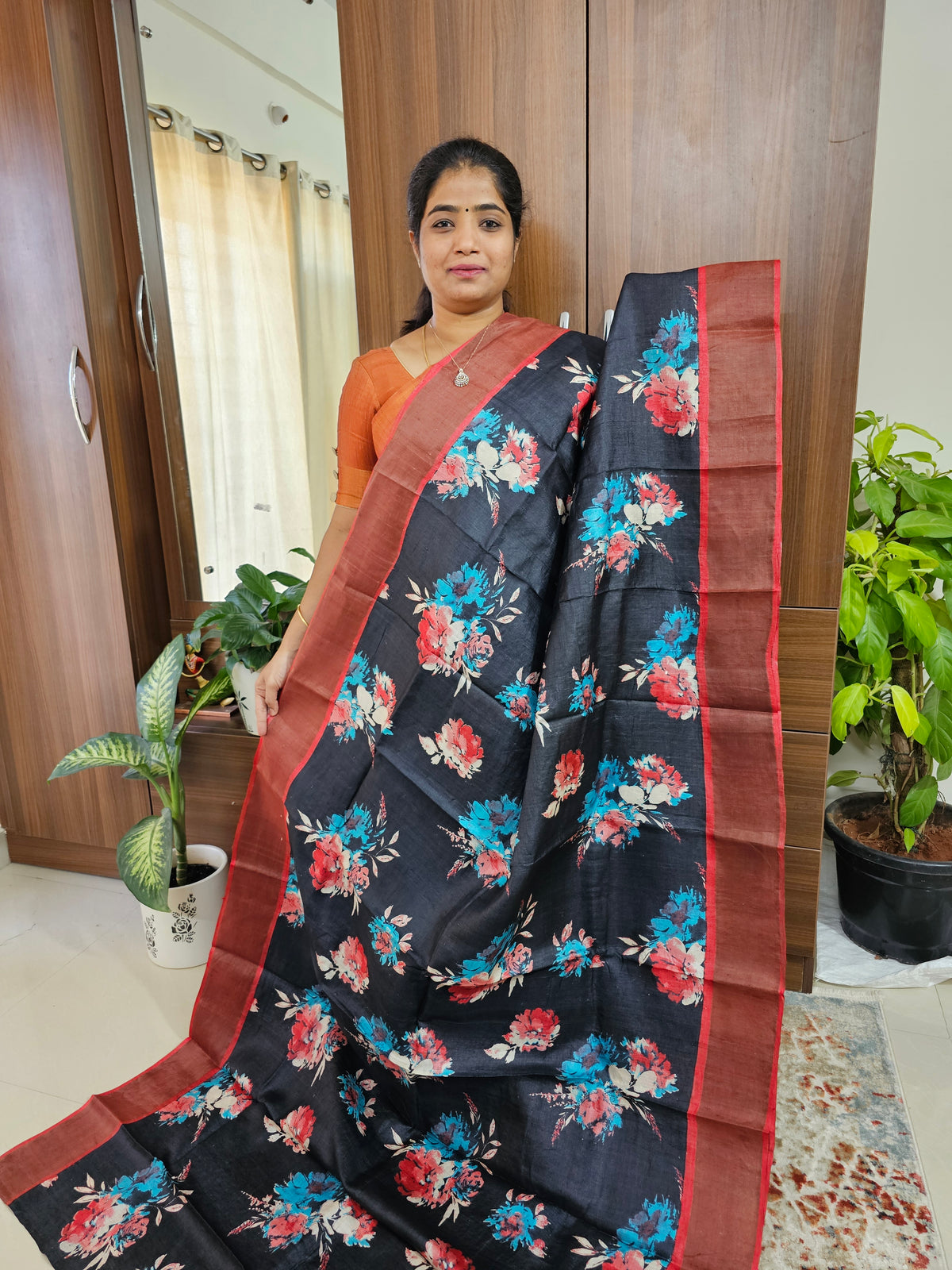 Pure Tussar Silk Saree with Zari Border - Black with Red