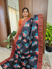 Pure Tussar Silk Saree with Zari Border - Black with Red