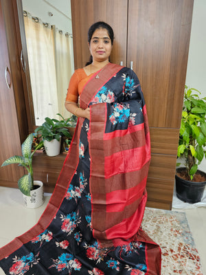 Pure Tussar Silk Saree with Zari Border - Black with Red