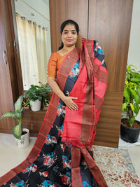 Pure Tussar Silk Saree with Zari Border - Black with Red