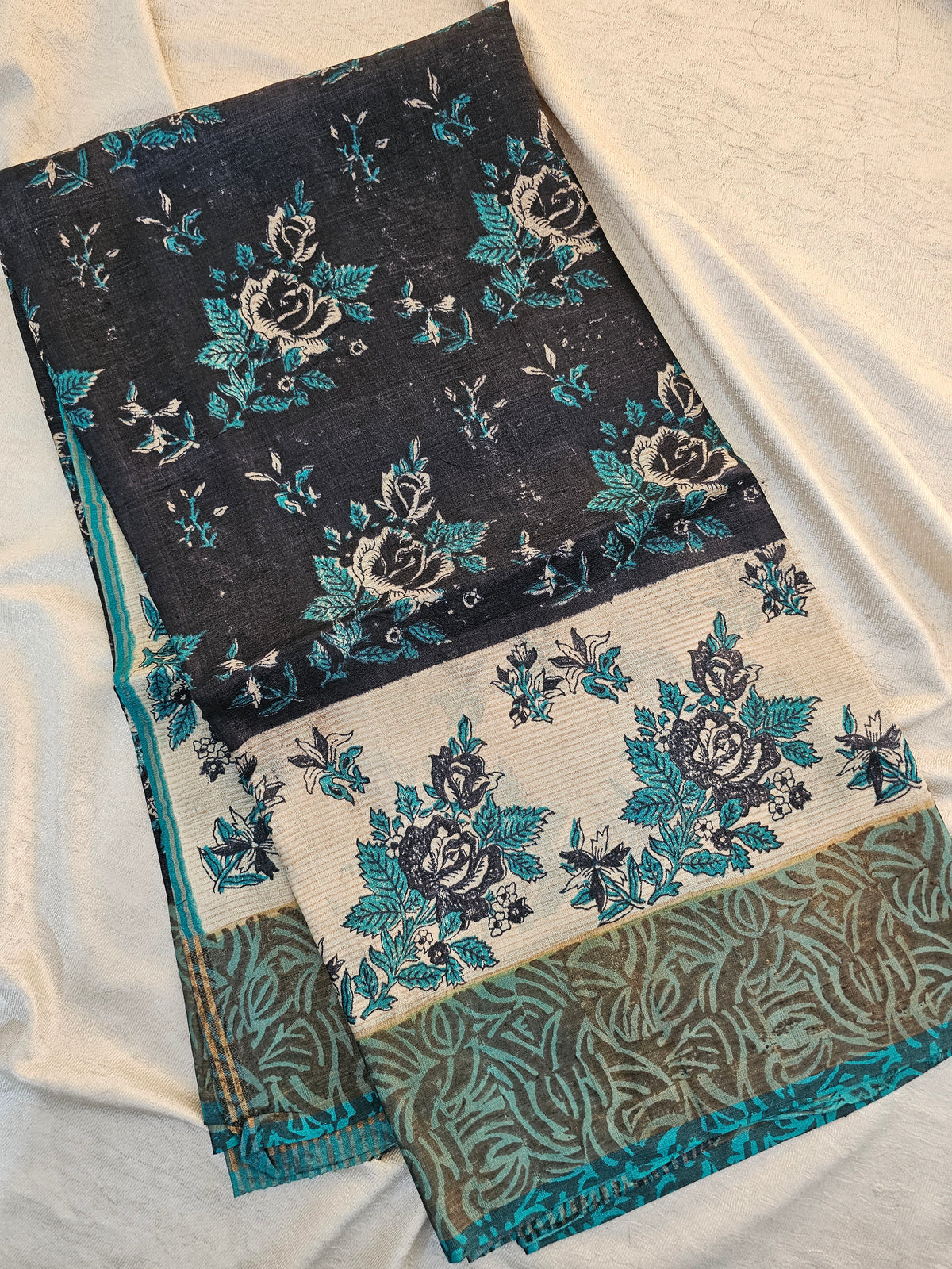 Pure Desi Tussar -Black with Sea Green
