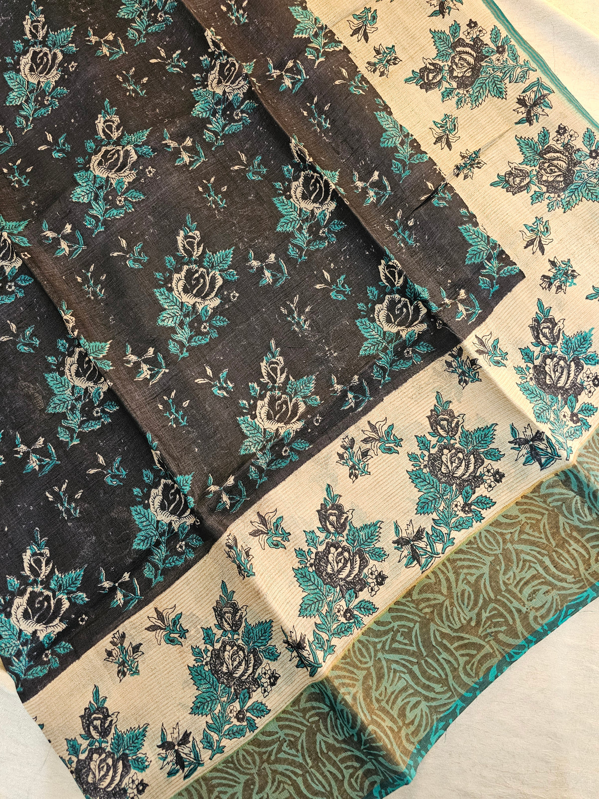 Pure Desi Tussar -Black with Sea Green