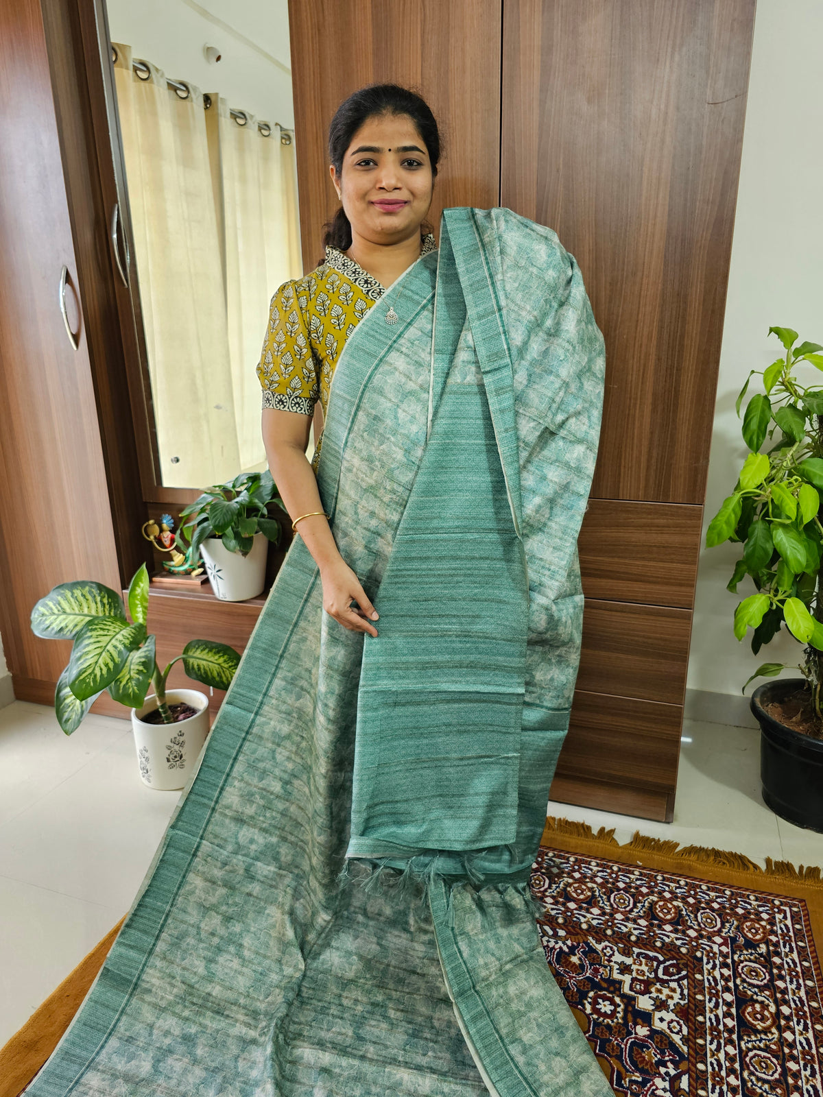 Semi Tussar with Digital Printed Saree - Peacock Green