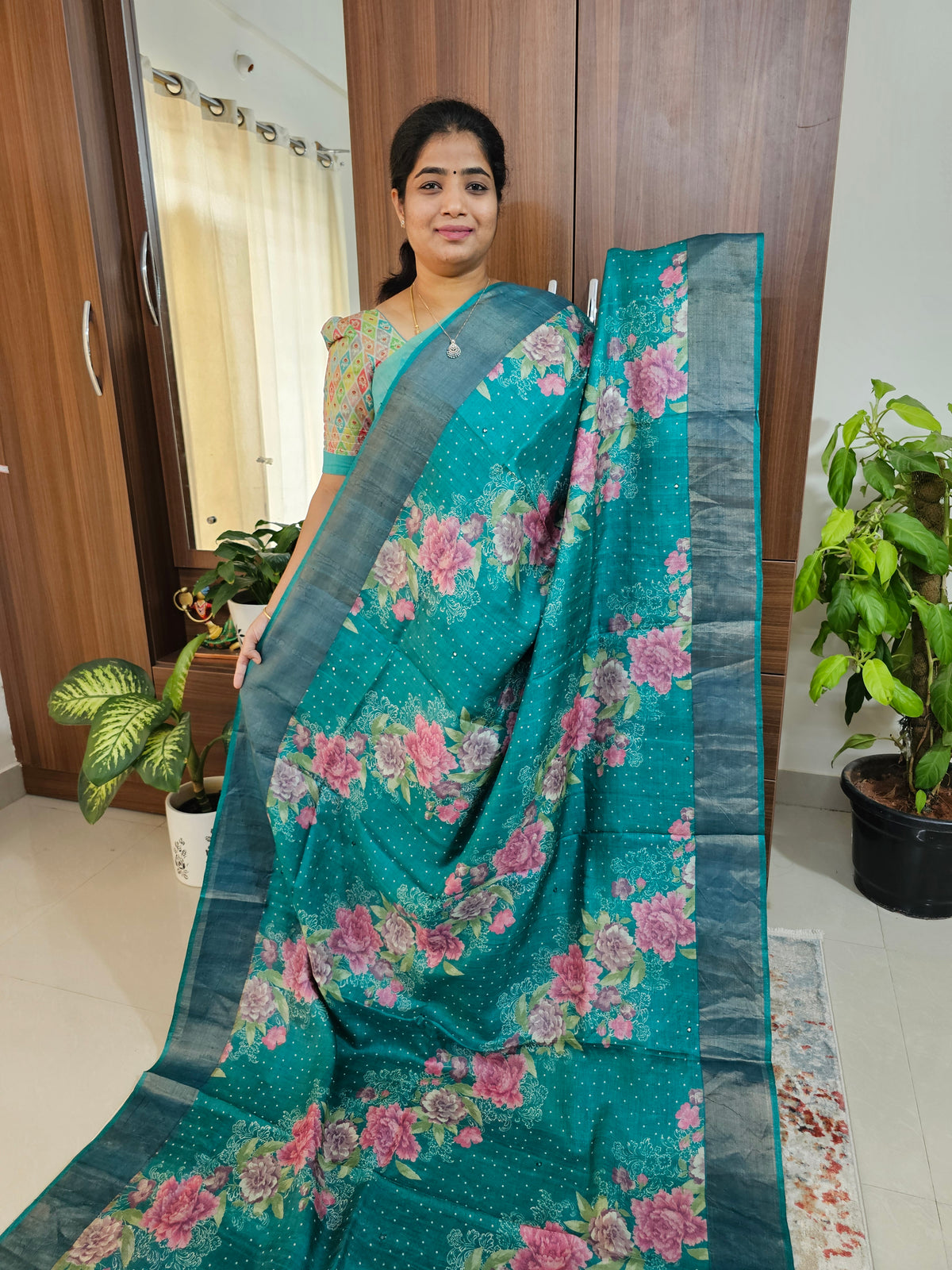 Pure Desi Tussar with Cut Work Pallu - Dark Sea Green
