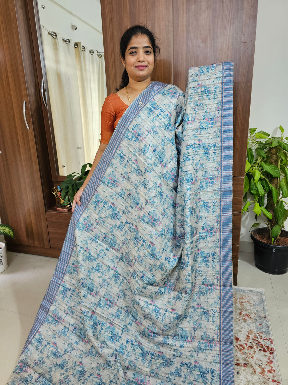 Semi Tussar with Digital Printed Saree -Cream with Blue