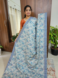 Semi Tussar with Digital Printed Saree -Cream with Blue