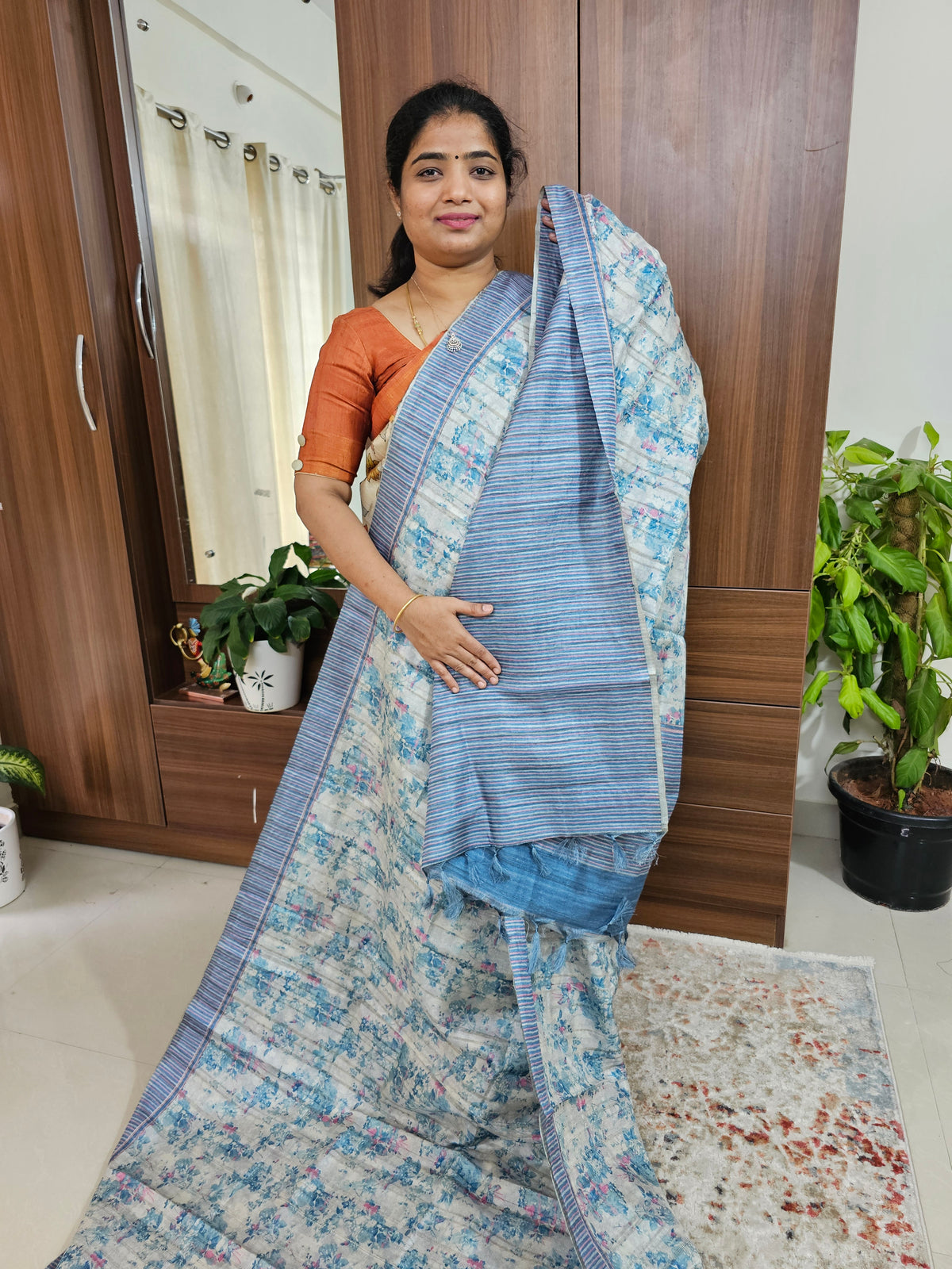Semi Tussar with Digital Printed Saree -Cream with Blue