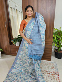 Semi Tussar with Digital Printed Saree -Cream with Blue