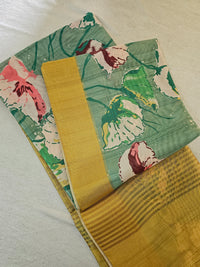 Semi Tussar with Tissue Border - Olive Green with Mustard Yellow
